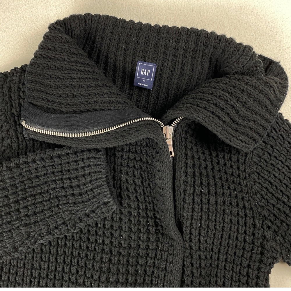GAP Asymmetrical Zip Sweater Jacket Women XL Black Chunky Knit Funnel Neck